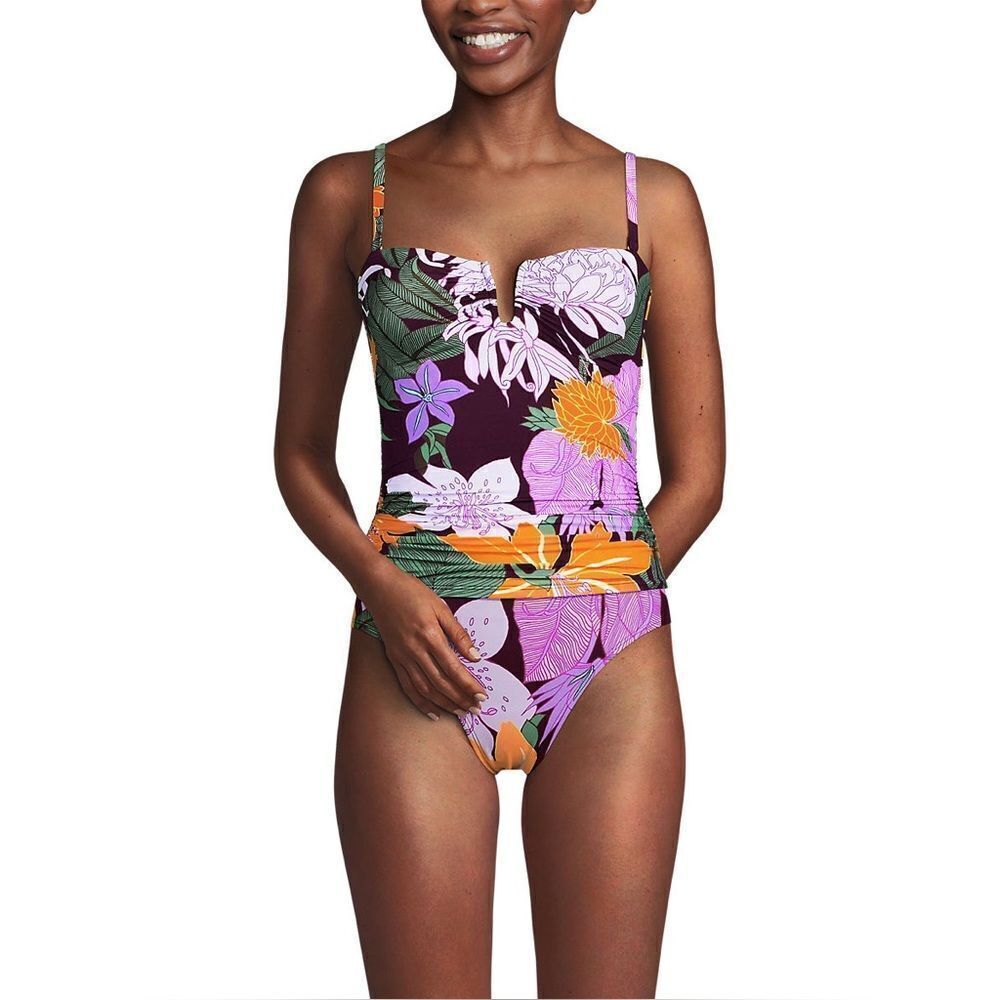 Land's End plus size slender suit U wire Bandeau dark wine multi floral Top Var